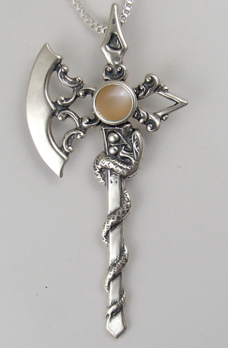 Sterling Silver Royal Battle Axe Pendant With Peach Moonstone